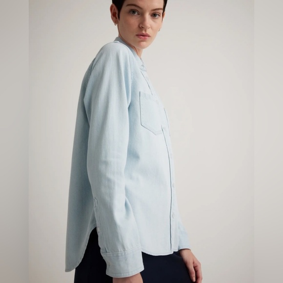 Quince Denim Shirt Women’s Size Small Distressed Blue Long Sleeve Button Down - Picture 13 of 14